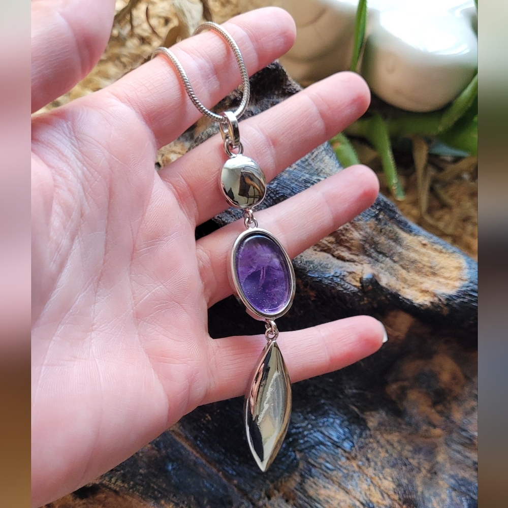 Purple Drop Pendant on Silver Toned Necklace